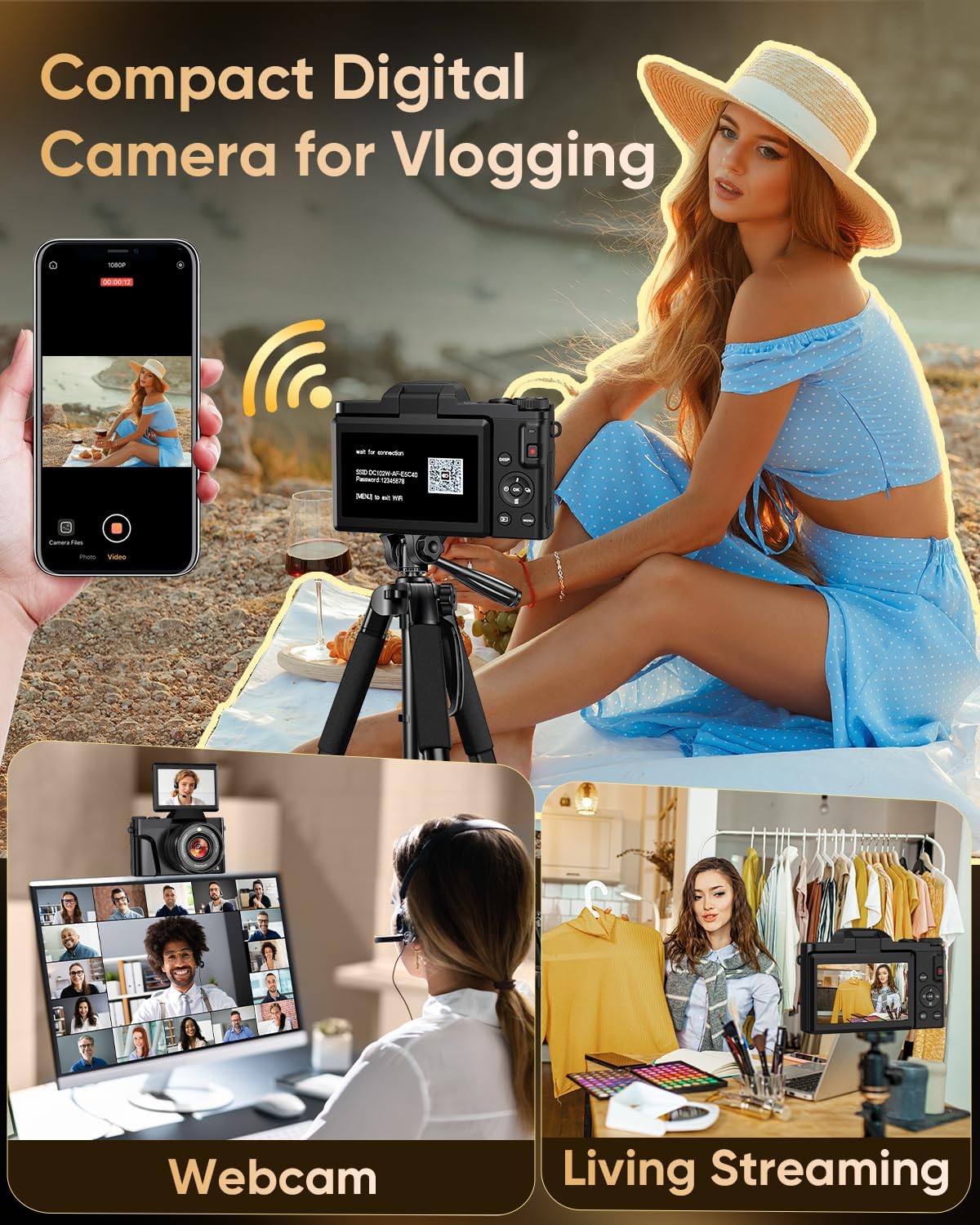 4K Digital Camera WiFi 180° Flip Screen Autofocus 64MP 16X Zoom, Black