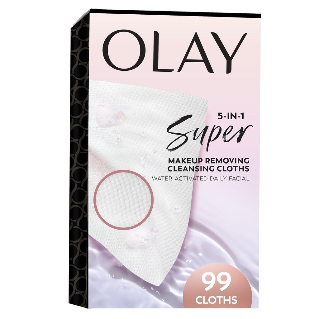Olay Super Daily Facial Cleansing Cloths, Lathering Face Cleansing Wipes for Daily Cleanser, Single-Use Disposable Cloths (Do Not Flush), 99 Count