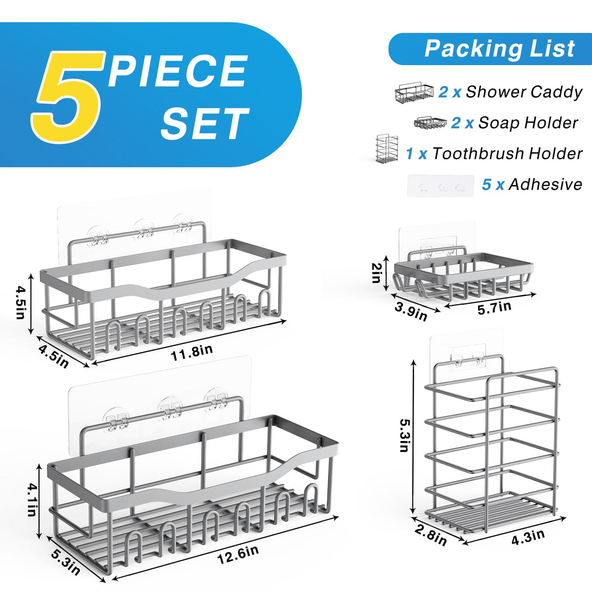 EUDELE Adhesive Shower Caddy, 5 Pack Rustproof Stainless Steel Bath Organizers With Large Capacity, No Drilling Shelves for Bathroom Storage & Home Decor