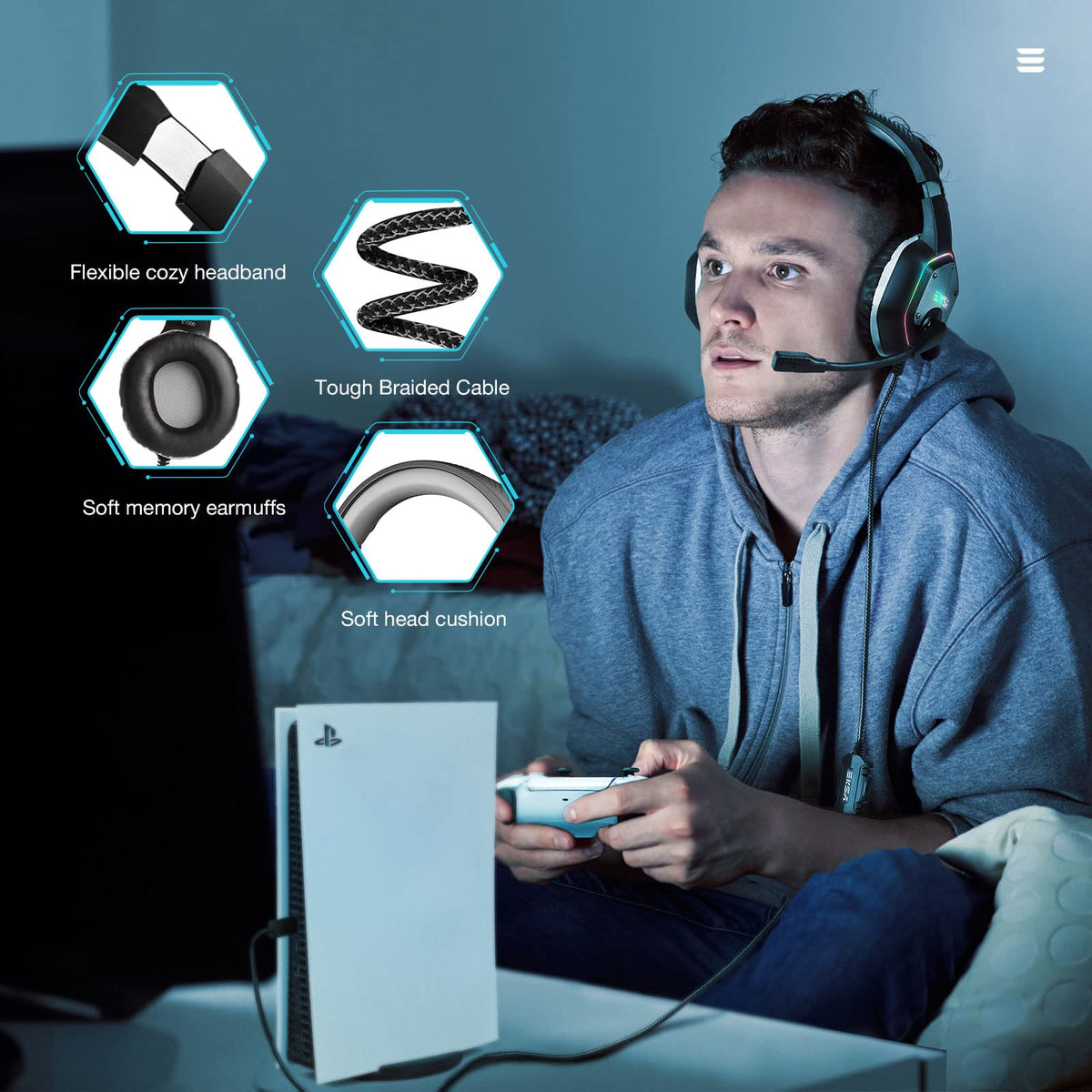 EKSA E1000 USB PC Gaming Headset with Mic, 7.1 Surround Sound