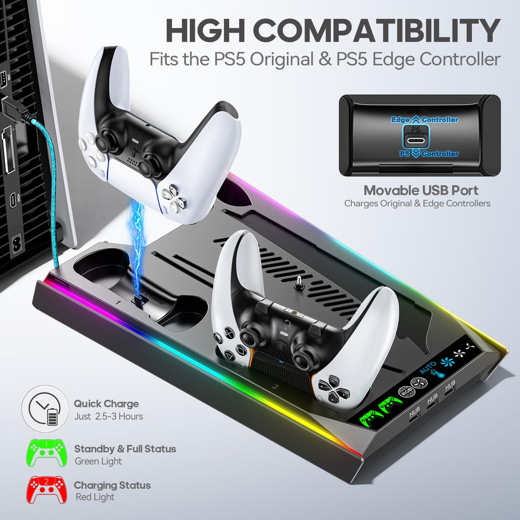 PS5/Slim/Pro Stand for Disc & Digital Console, PS5 Cooling & Charging Station with RGB Lights, PS5 Controller Charger Built-in 3 Level & AUTO Adjustable Fan, Accessories for PlayStation 4 Chargers