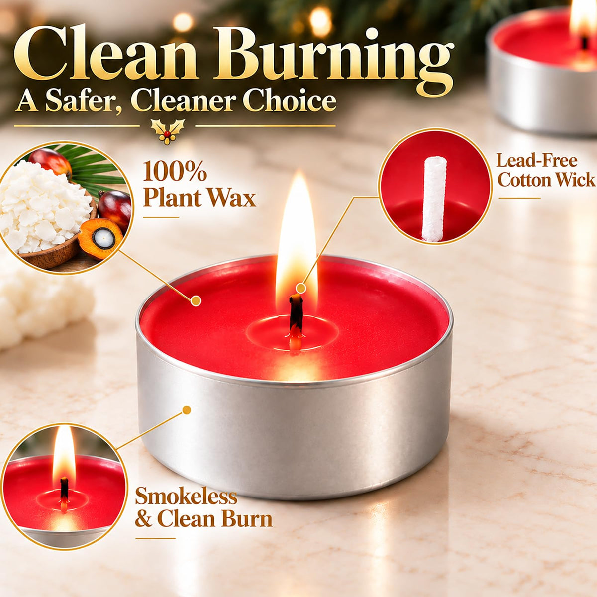 Tea Lights Candles 80 Pack, 4 Hour Palm Wax Tealight Candle Set