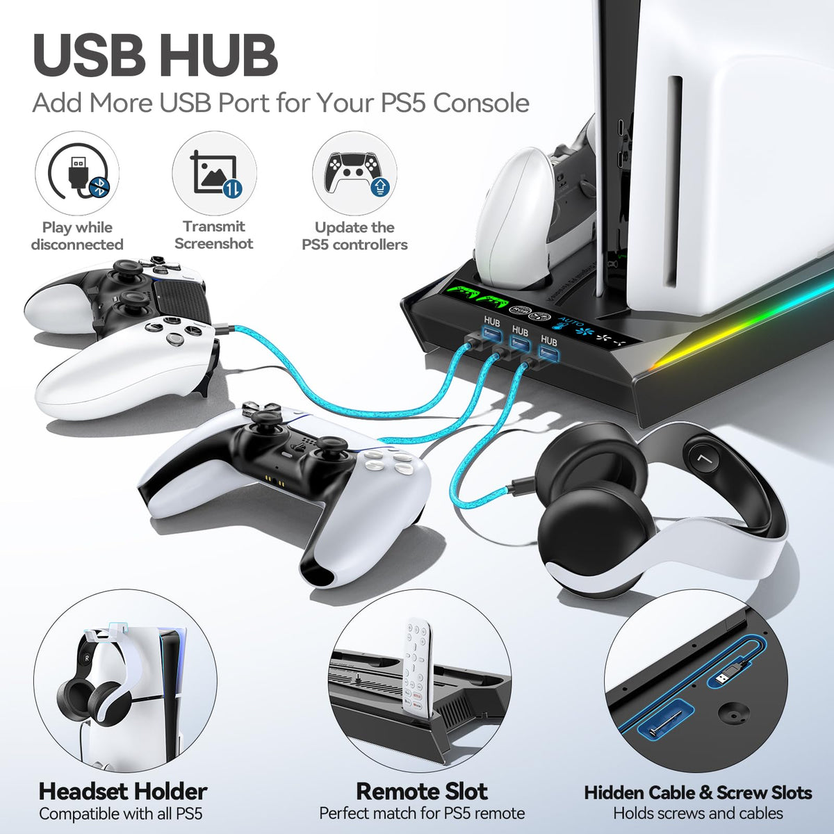 PS5/Slim/Pro Stand for Disc & Digital Console, PS5 Cooling & Charging Station with RGB Lights, PS5 Controller Charger Built-in 3 Level & AUTO Adjustable Fan, Accessories for PlayStation 4 Chargers