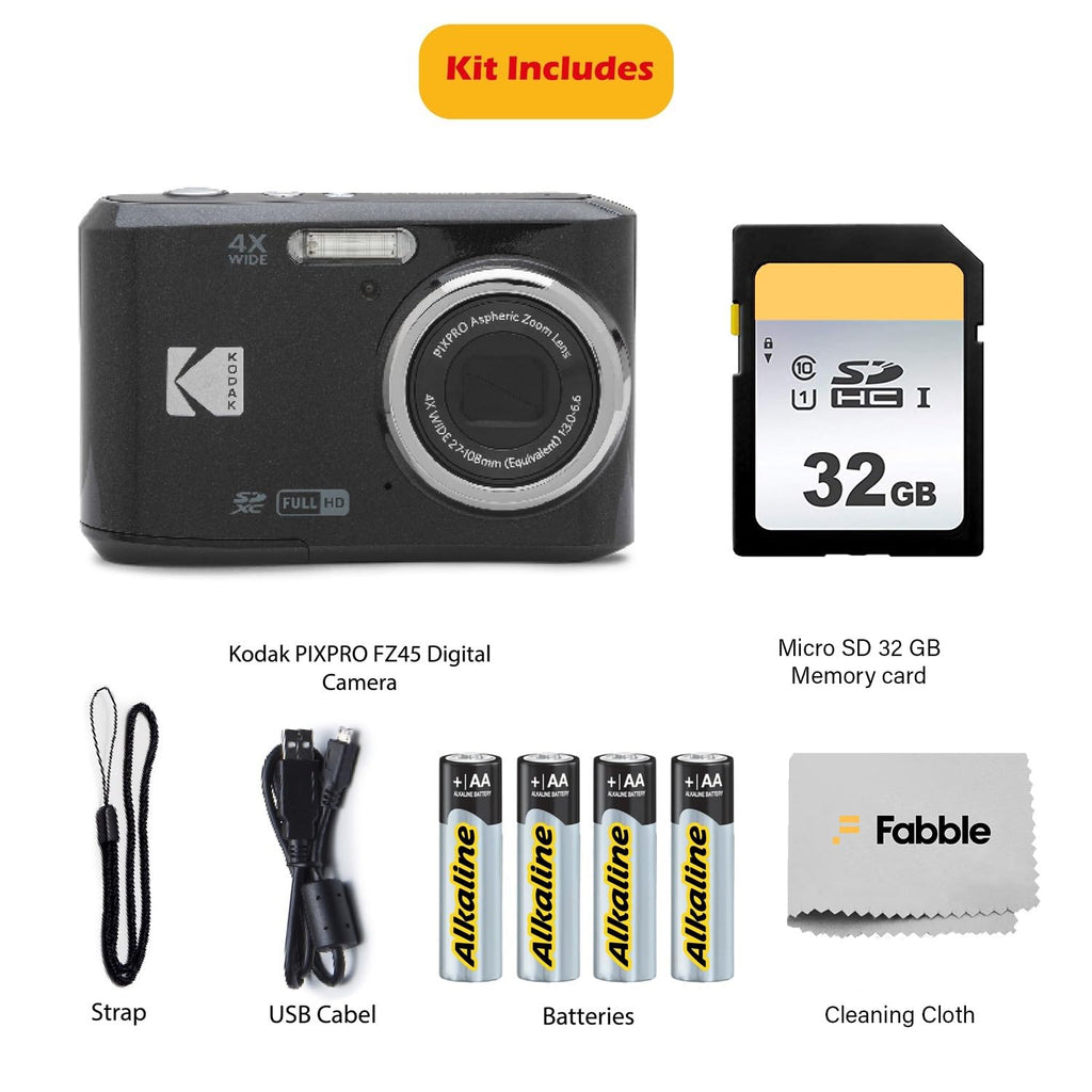KODAK PIXPRO FZ45 16MP Digital Camera with 4X Optical Zoom 27mm Wide Angle and 2.7" LCD Screen Bundle with 32GB SD Memory Card, AA Batteries (4 Pack), Lens Cleaning Cloth (White)