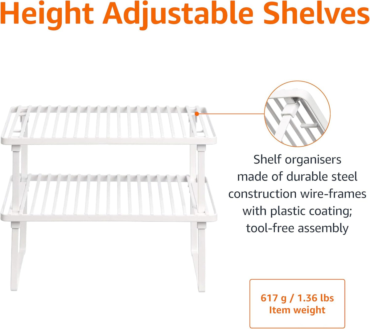 Amazon Basics Stackable Metal Kitchen Storage Shelves, Set of 2 - White