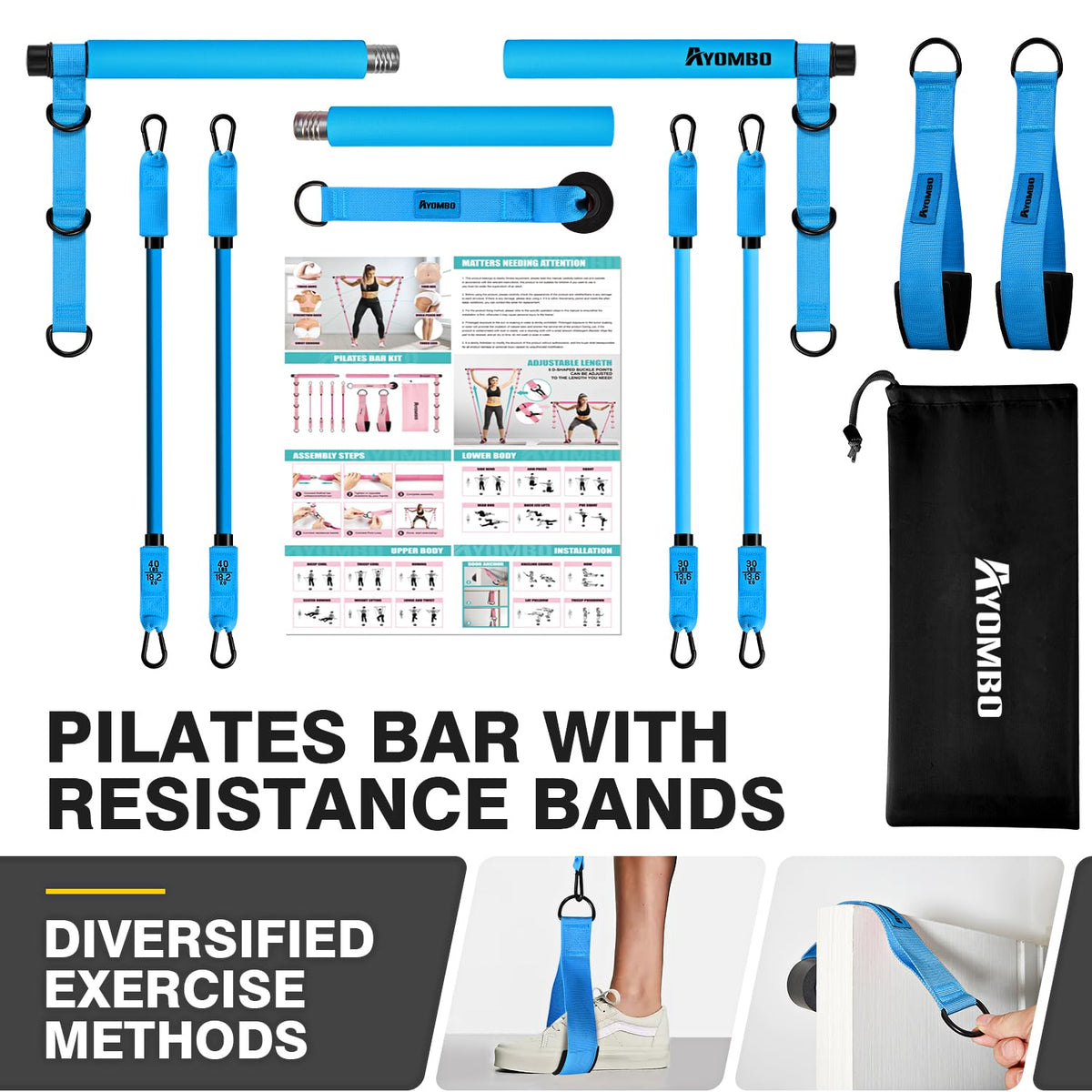 Pilates Bar Kit with Resistance Bands, Adjustable Pink Workout Set