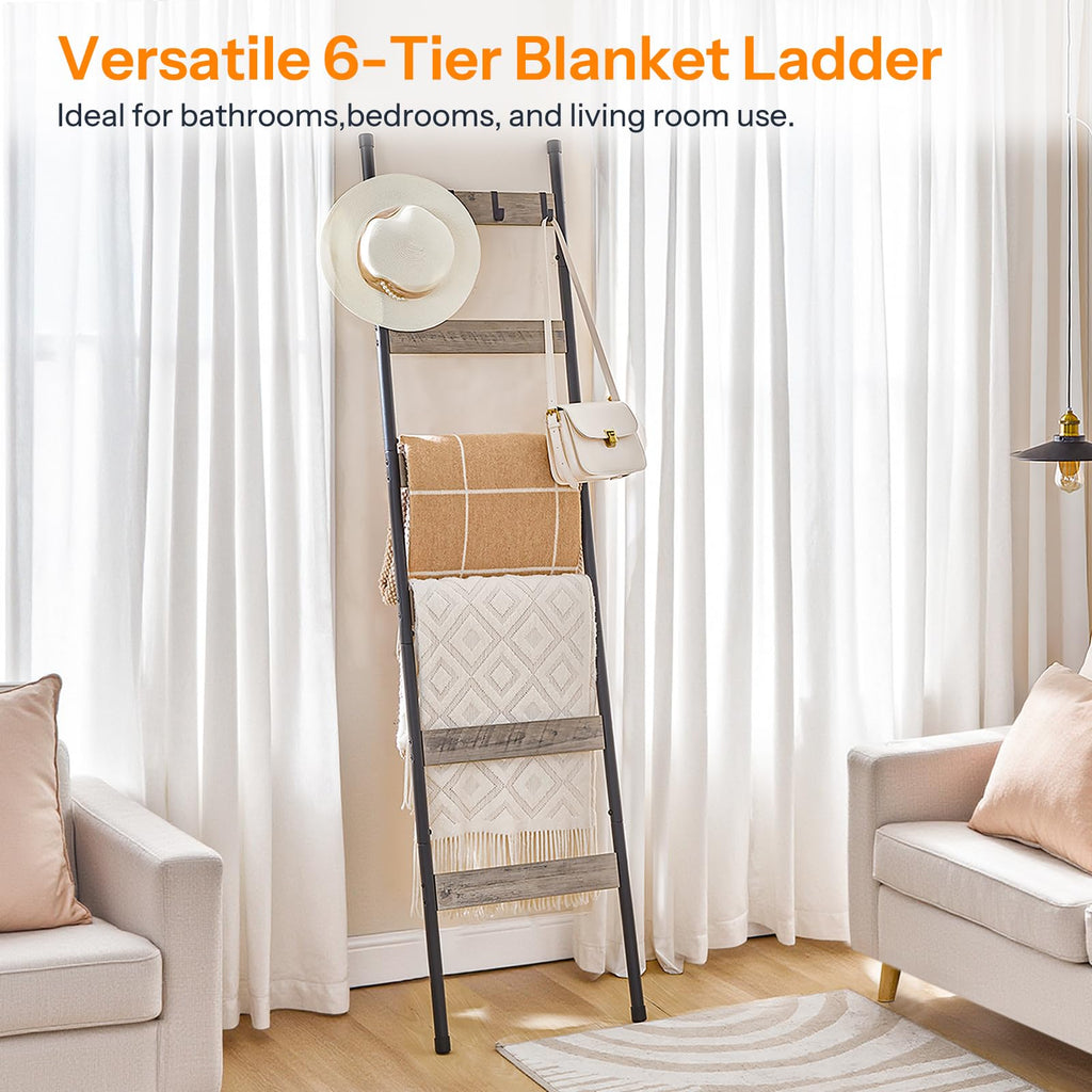 HOOBRO Blanket Ladder, 5-Tier Towel Rack with Hooks, Wall-Leaning Blanket Rack, Decorative Display Ladder Shelf, for Scarves, Industrial, Living Room, Bedroom, Rustic Brown and Black BF52CJ01G1