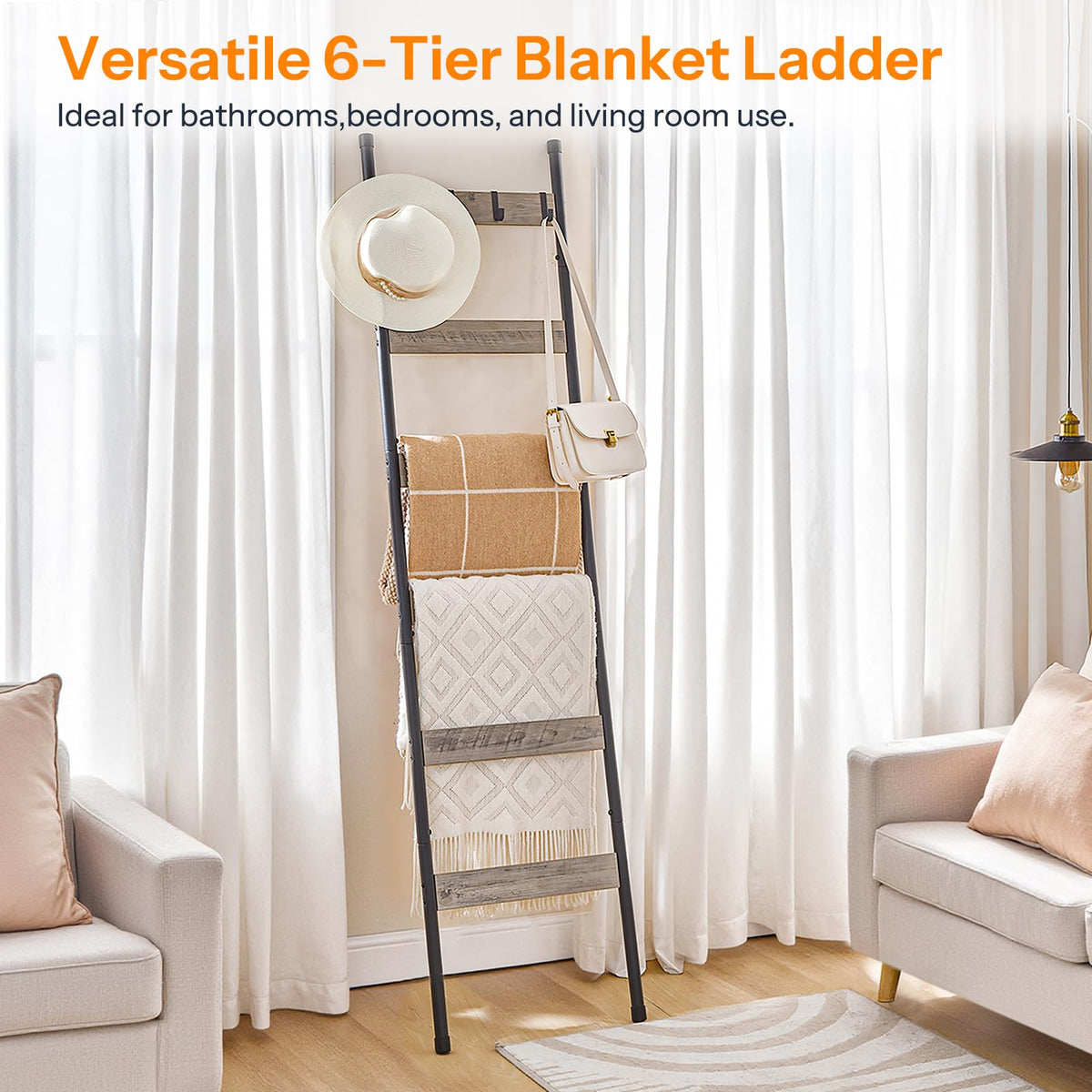 HOOBRO Blanket Ladder, 5-Tier Towel Rack with Hooks, Wall-Leaning Blanket Rack, Decorative Display Ladder Shelf, for Scarves, Industrial, Living Room, Bedroom, Rustic Brown and Black BF52CJ01G1