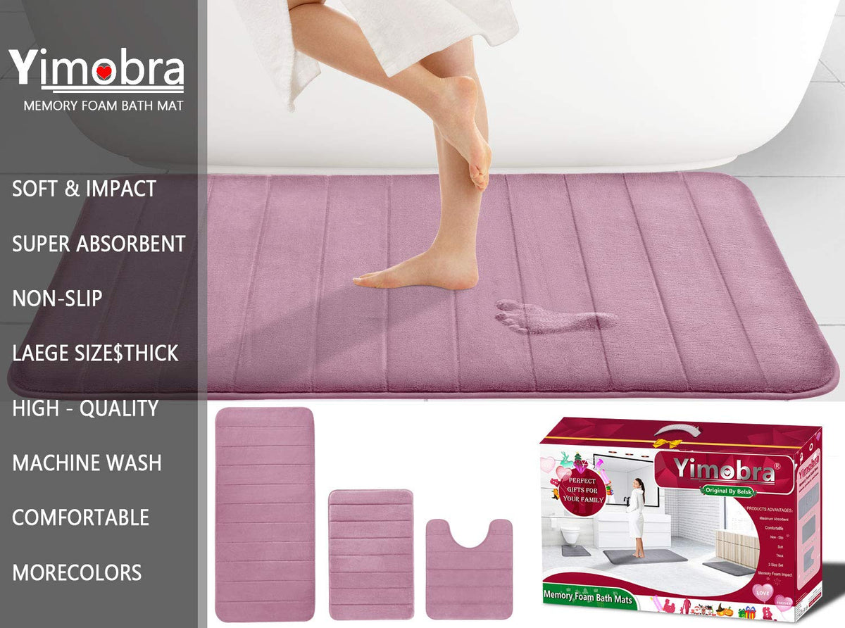 Yimobra Memory Foam Bath Mat Set 3 Pieces- Super Soft Absorbent Quick Dry Bathroom Rug Sets, Machine Washable Non Slip Floor Carpet for Tub Shower, Vanity & Toilet Base, Gray