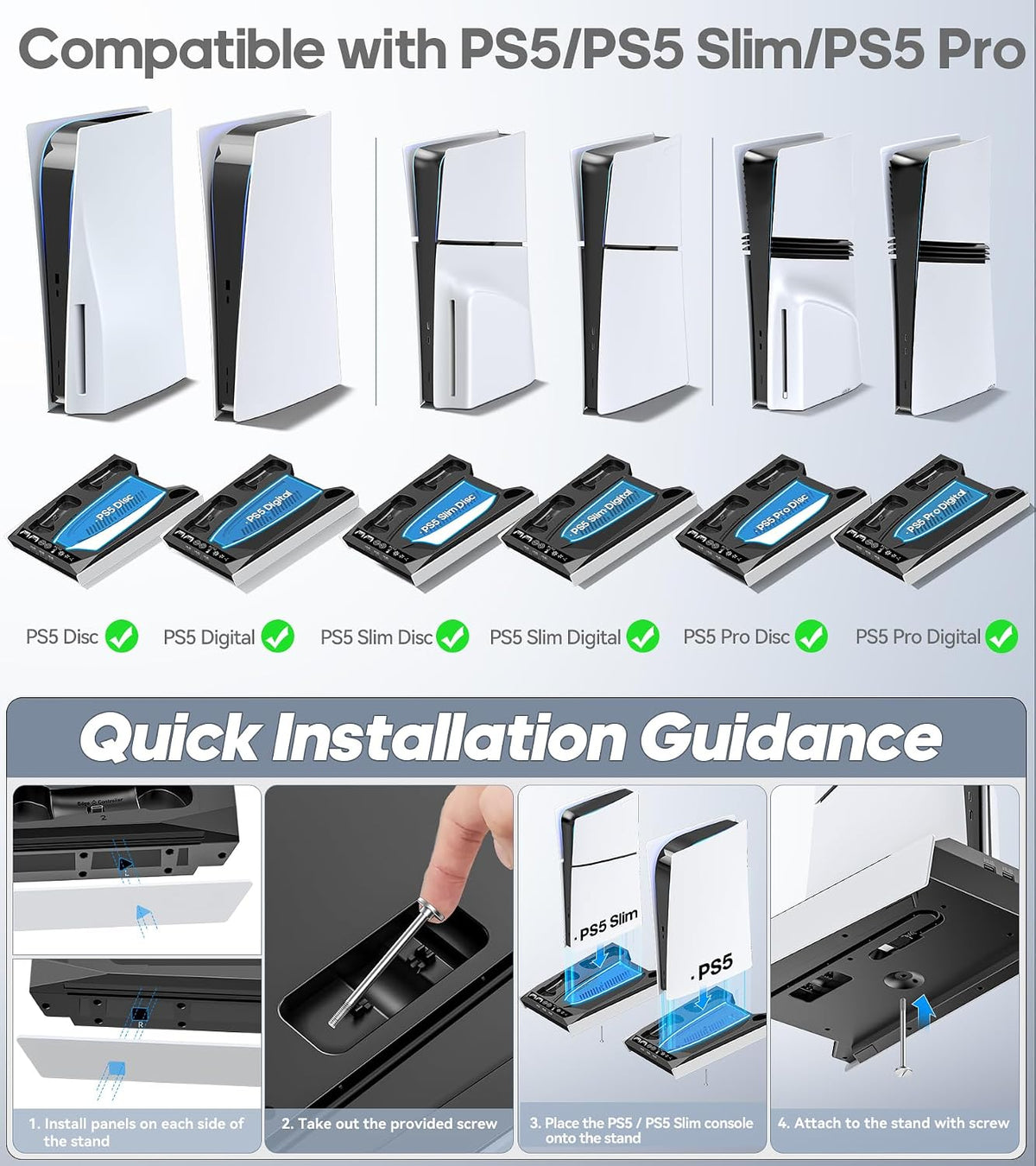 PS5/Slim/Pro Stand for Disc & Digital Console, PS5 Cooling & Charging Station with RGB Lights, PS5 Controller Charger Built-in 3 Level & AUTO Adjustable Fan, Accessories for PlayStation 4 Chargers