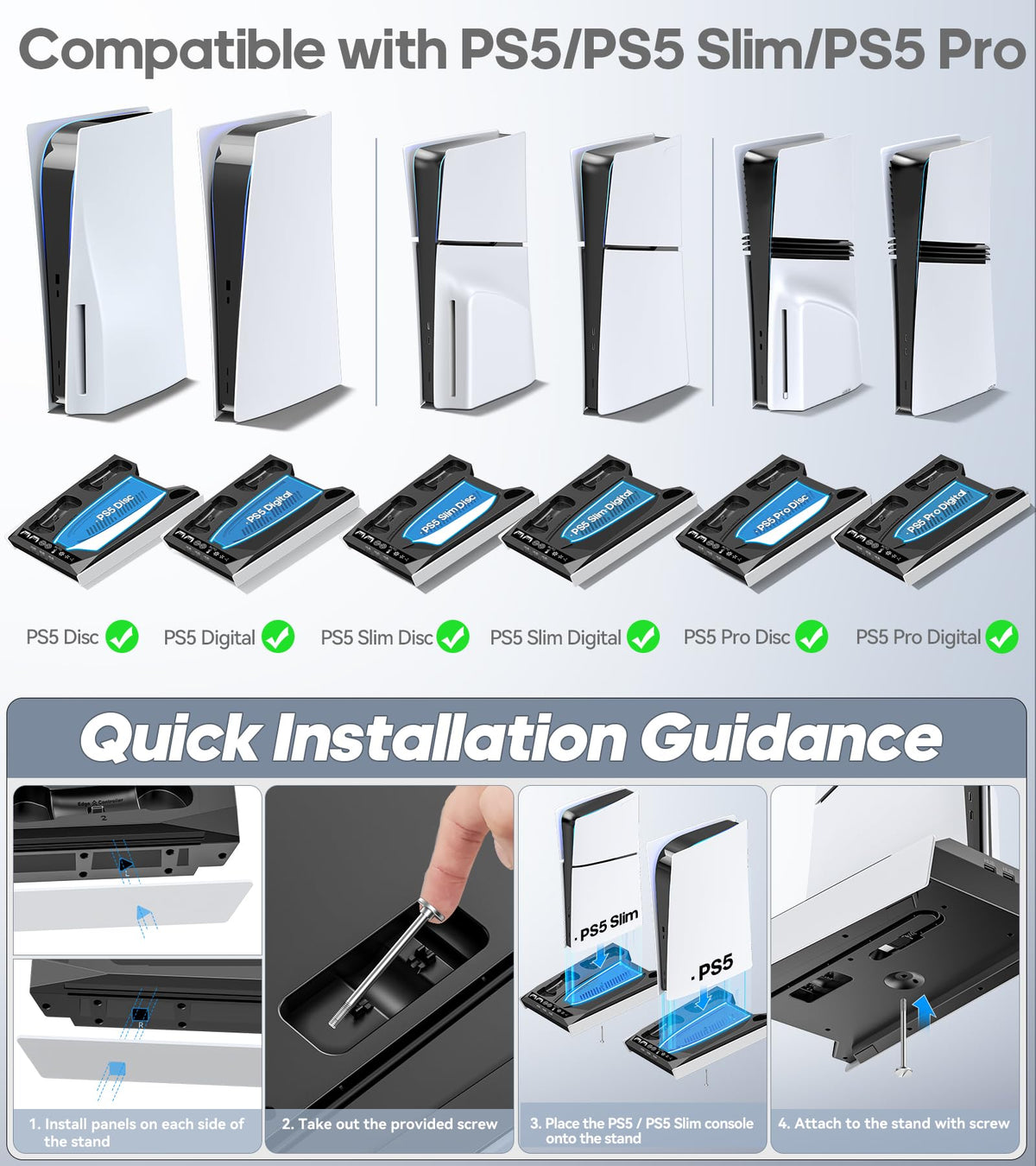 PS5/Slim/Pro Stand for Disc & Digital Console, PS5 Cooling & Charging Station with RGB Lights, PS5 Controller Charger Built-in 3 Level & AUTO Adjustable Fan, Accessories for PlayStation 4 Chargers