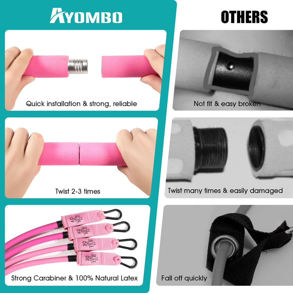 Pilates Bar Kit with Resistance Bands, Adjustable Pink Workout Set