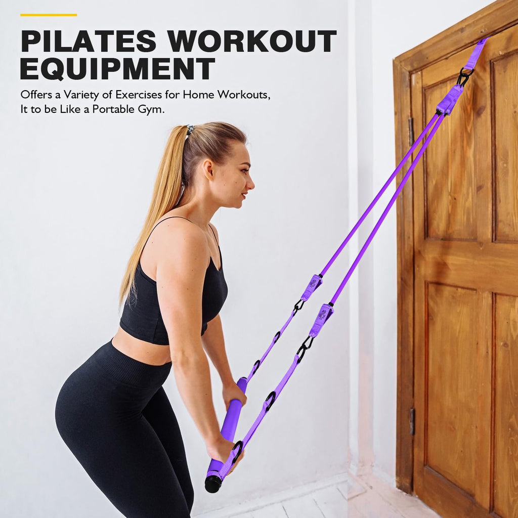 Pilates Bar Kit with Resistance Bands, Adjustable Pink Workout Set