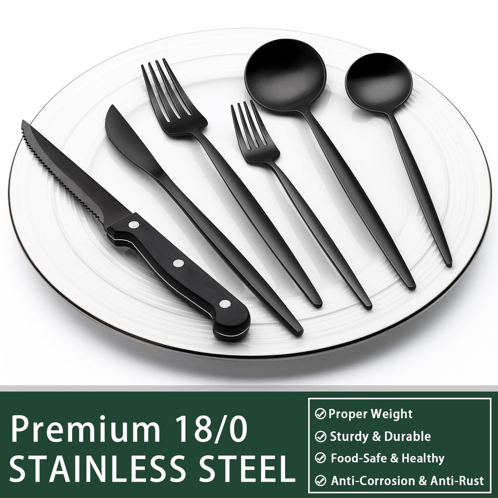 EWFEN 24-Piece Black Silverware Set with Steak Knives, Black Flatware Set for 4, Food-Grade Stainless Steel Tableware Cutlery Set, Mirror Finished Utensil Sets for Home Restaurant, Round Edge