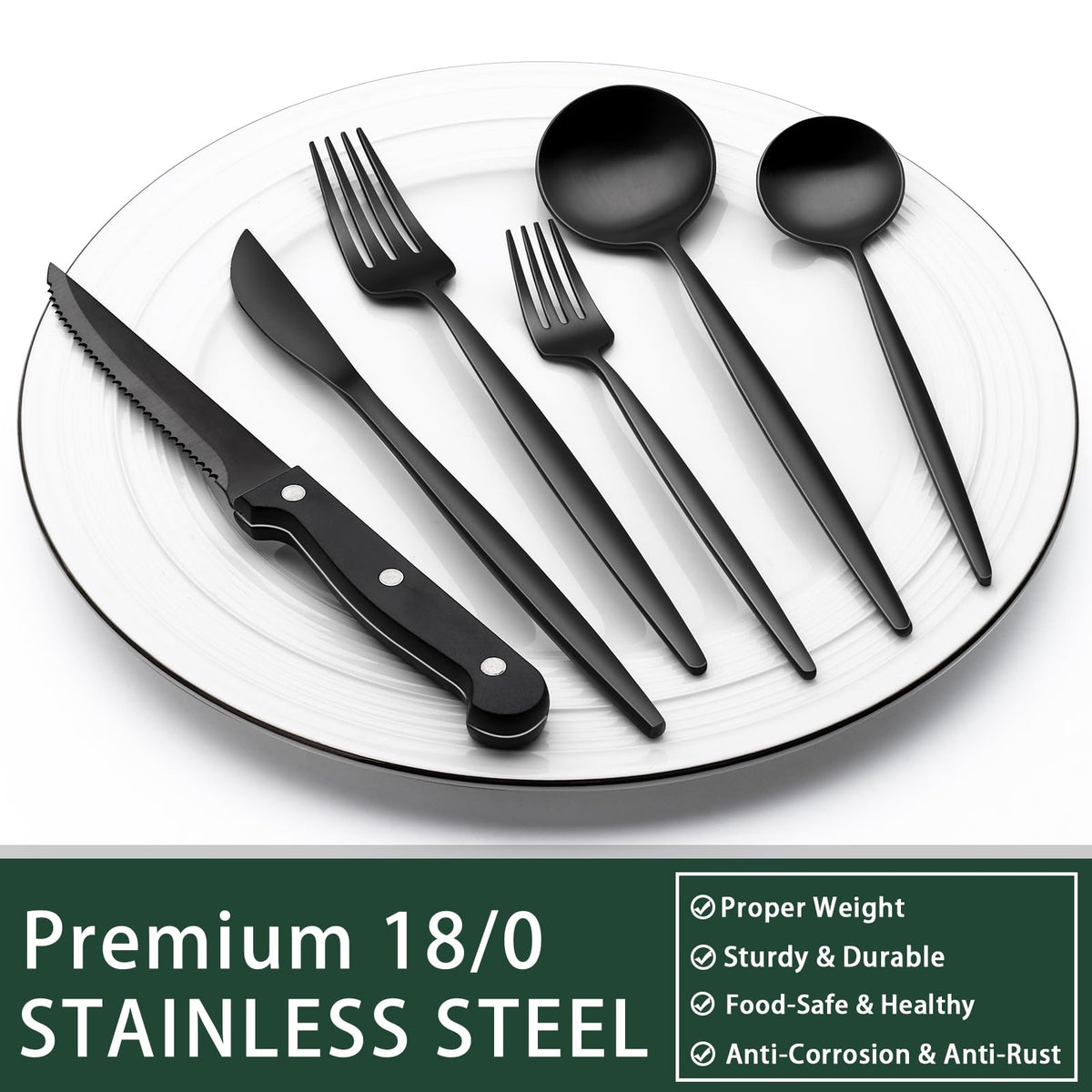 EWFEN 24-Piece Black Silverware Set with Steak Knives, Black Flatware Set for 4, Food-Grade Stainless Steel Tableware Cutlery Set, Mirror Finished Utensil Sets for Home Restaurant, Round Edge