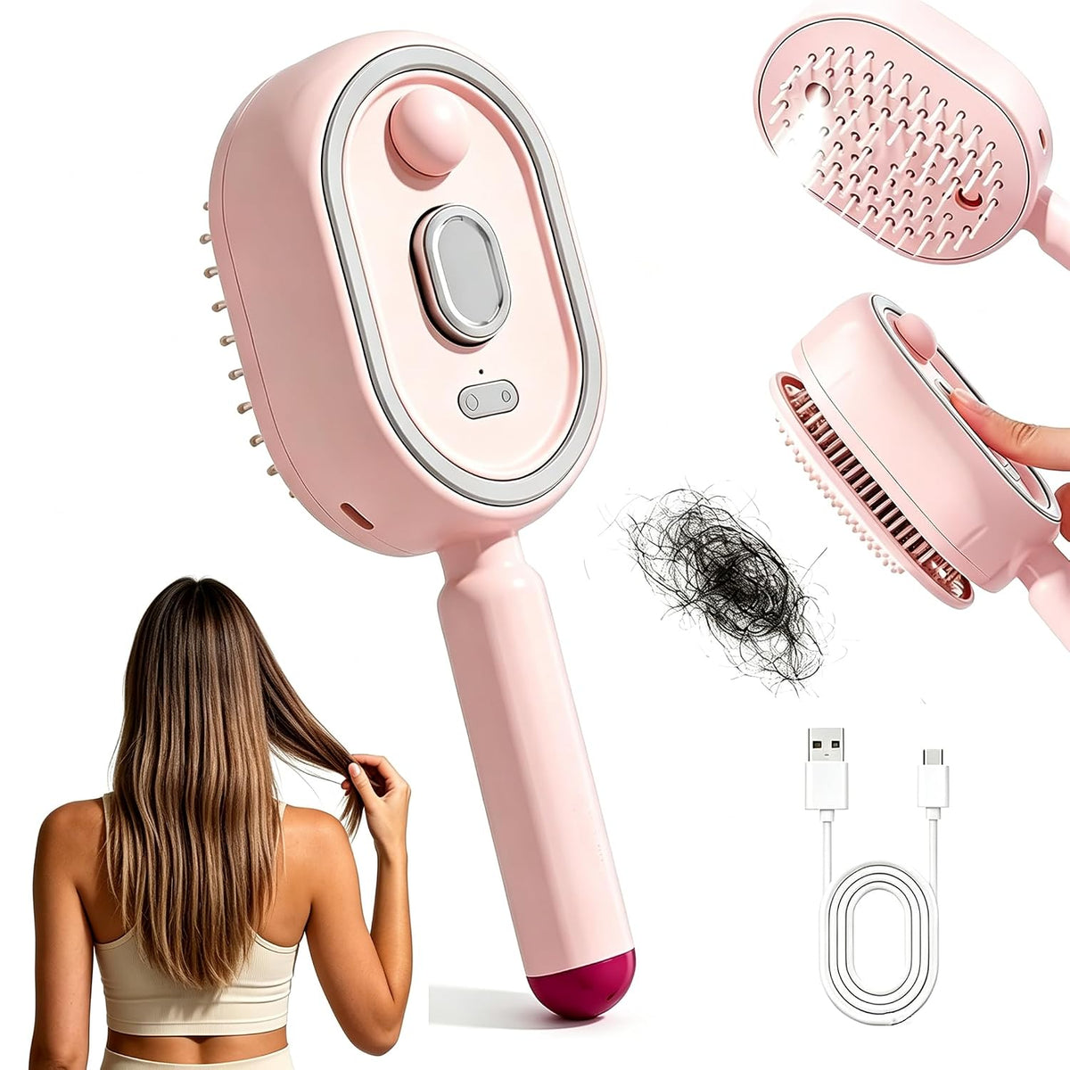 Women Electric Spray Air Cushion Massage Hair Comb, Self‑Cleaning Anti‑Tangle Anti‑Static Volumizing Brush, for Frizz Control Smooth Shine Daily Hair Care(Pink)