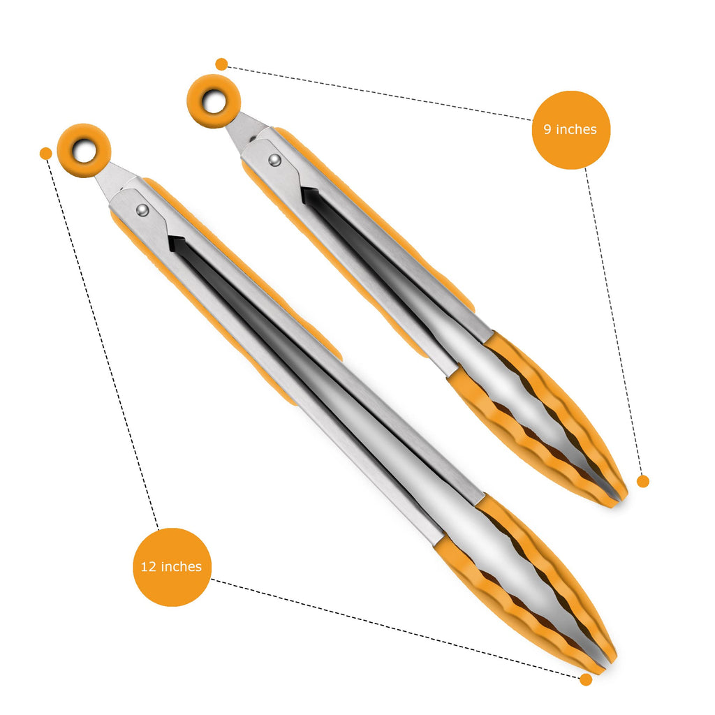 2 Pack Silicone Kitchen Tongs, 9 & 12 Inch, Stainless Steel, Black