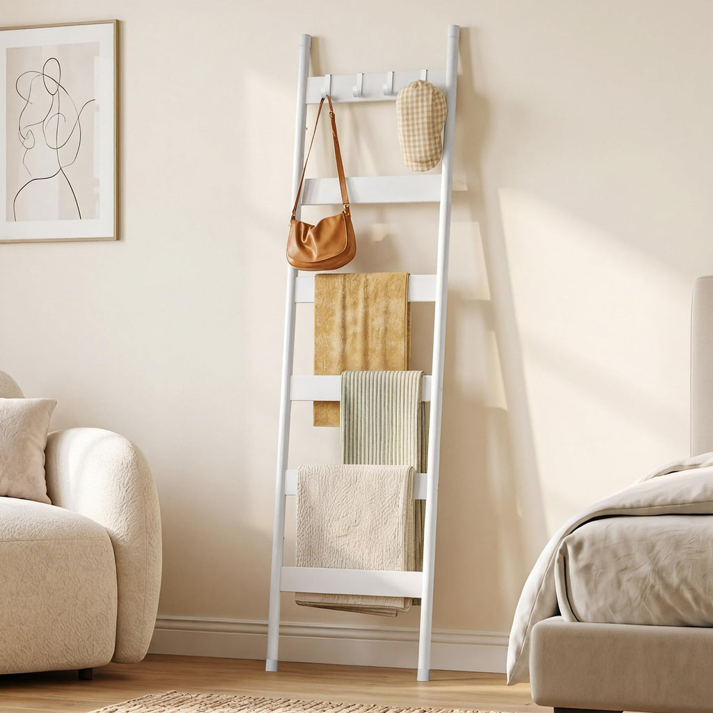 HOOBRO Blanket Ladder, 5-Tier Towel Rack with Hooks, Wall-Leaning Blanket Rack, Decorative Display Ladder Shelf, for Scarves, Industrial, Living Room, Bedroom, Rustic Brown and Black BF52CJ01G1