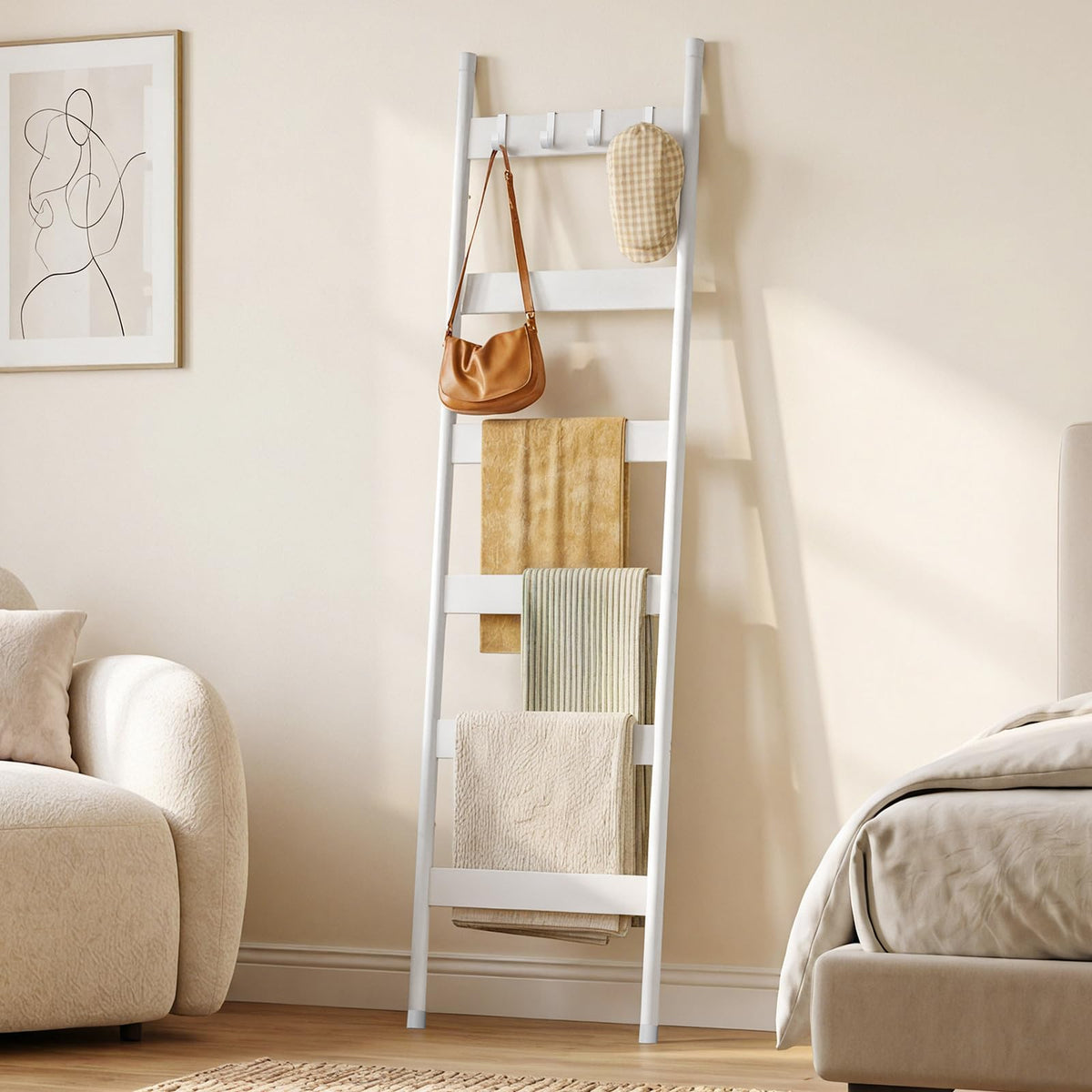 HOOBRO Blanket Ladder, 5-Tier Towel Rack with Hooks, Wall-Leaning Blanket Rack, Decorative Display Ladder Shelf, for Scarves, Industrial, Living Room, Bedroom, Rustic Brown and Black BF52CJ01G1