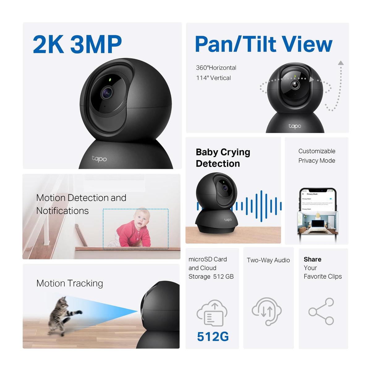 Tapo 2K Pan Tilt Security Camera for Baby Monitor, Dog Camera,C211(2-Pack)
