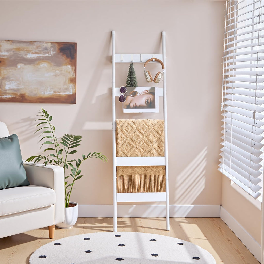 HOOBRO Blanket Ladder, 5-Tier Towel Rack with Hooks, Wall-Leaning Blanket Rack, Decorative Display Ladder Shelf, for Scarves, Industrial, Living Room, Bedroom, Rustic Brown and Black BF52CJ01G1