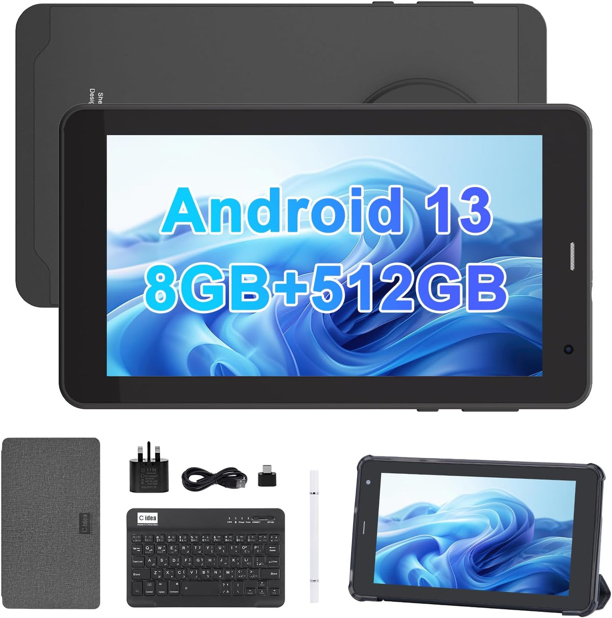 C idea 7 Inch Tablet,Android 13 Tablet,Quad Core Processor,8GB RAM 512GB ROM,512GB Expand,Dual Camera,Tablet with SIM, WiFi,Bluetooth,Case,StylusCM518 Pro (Green)