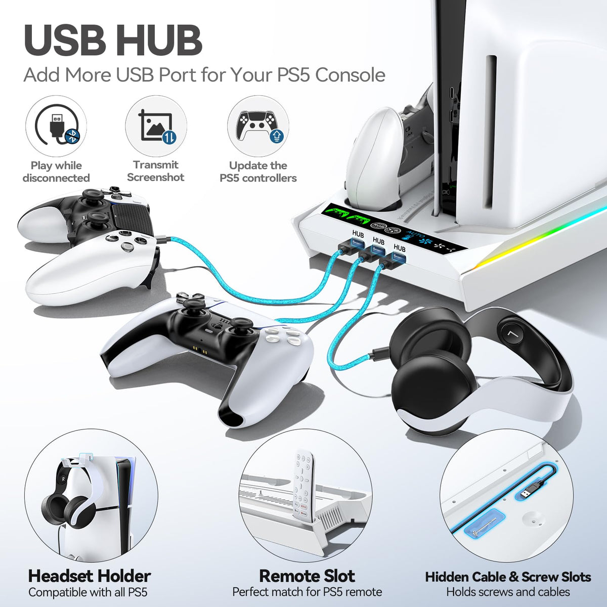 PS5/Slim/Pro Stand for Disc & Digital Console, PS5 Cooling & Charging Station with RGB Lights, PS5 Controller Charger Built-in 3 Level & AUTO Adjustable Fan, Accessories for PlayStation 4 Chargers
