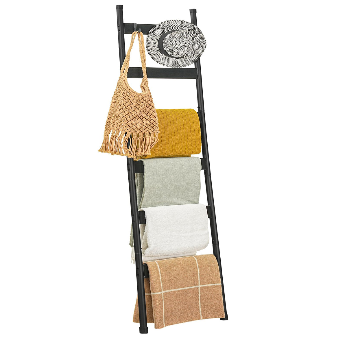 HOOBRO Blanket Ladder, 5-Tier Towel Rack with Hooks, Wall-Leaning Blanket Rack, Decorative Display Ladder Shelf, for Scarves, Industrial, Living Room, Bedroom, Rustic Brown and Black BF52CJ01G1
