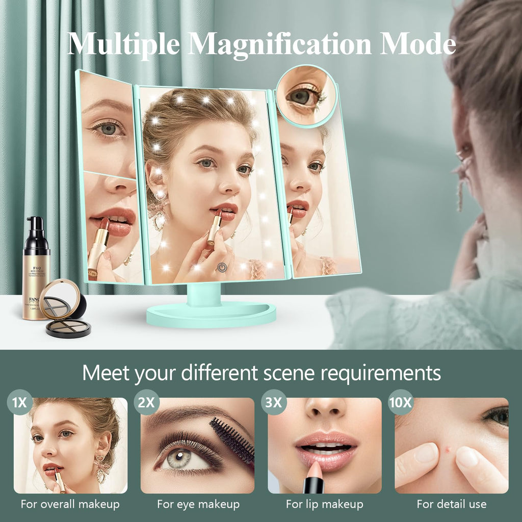2X/3X/10X Magnifying Vanity Mirror with Light, Trifold Makeup Mirror