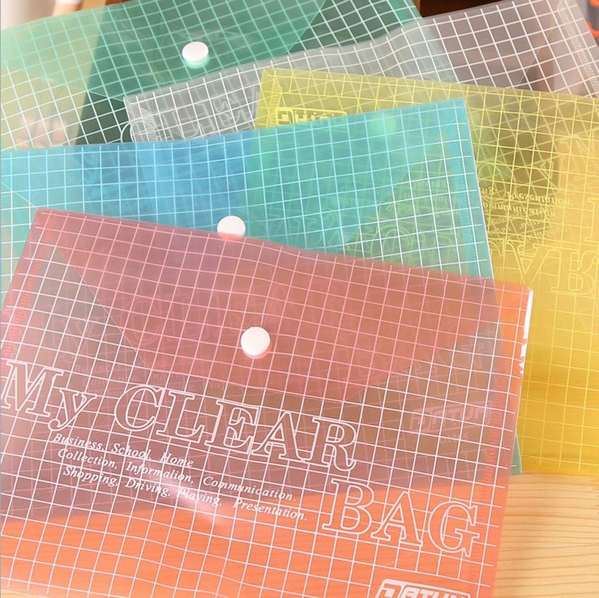 MOMENT 12 Pack Plastic Envelopes,A4 Size File Folder with Button Snap Closure for Documents, Reusable Clear file folders Plastic File Bag Poly Filling Envelopes, A4 Size (Assorted-New)