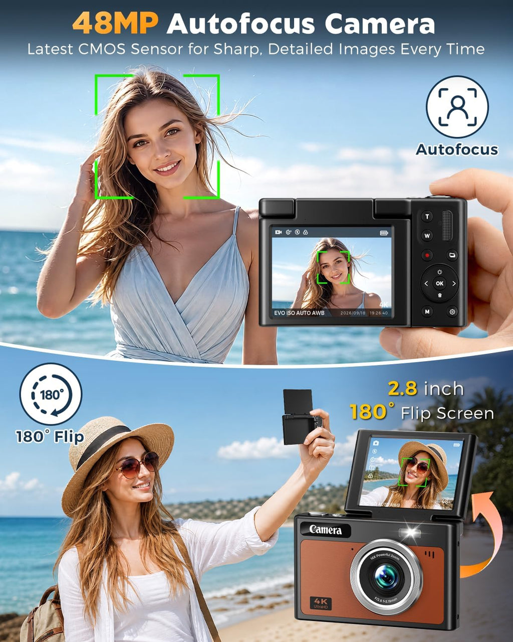 Digital Camera, 4K Autofocus Camera for Photography, 2.8" 180°Flip Screen, 48MP 16X Zoom Anti-Shake, Portable Compact Point and Shoot Camera for Teens Adults, 32GB Card, Gift for Boys Girls Beginners