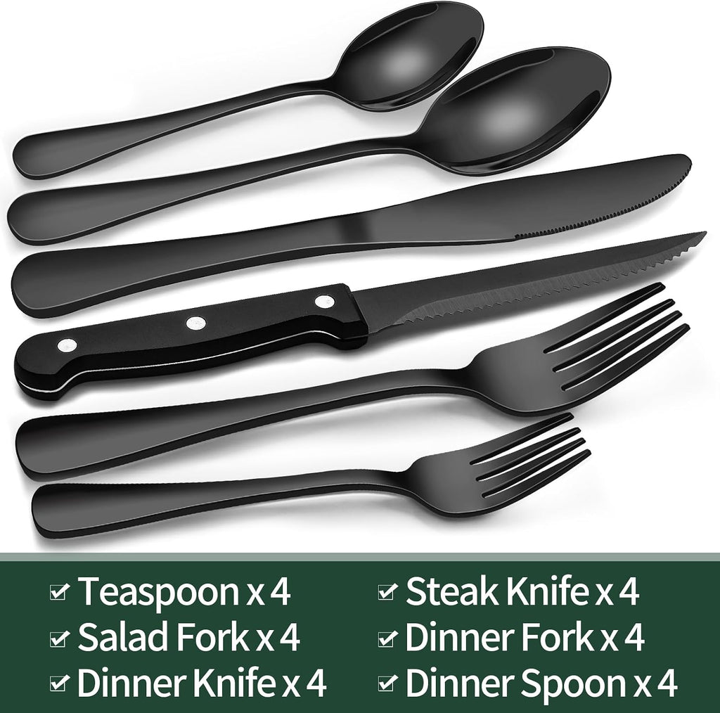 EWFEN 24-Piece Black Silverware Set with Steak Knives, Black Flatware Set for 4, Food-Grade Stainless Steel Tableware Cutlery Set, Mirror Finished Utensil Sets for Home Restaurant, Round Edge