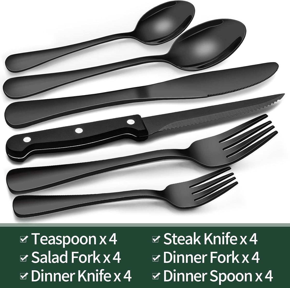 EWFEN 24-Piece Black Silverware Set with Steak Knives, Black Flatware Set for 4, Food-Grade Stainless Steel Tableware Cutlery Set, Mirror Finished Utensil Sets for Home Restaurant, Round Edge
