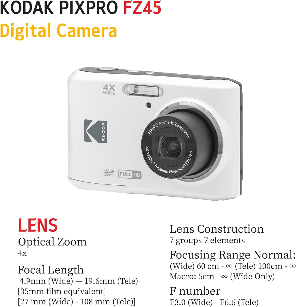 KODAK PIXPRO FZ45 16MP Digital Camera with 4X Optical Zoom 27mm Wide Angle and 2.7" LCD Screen Bundle with 32GB SD Memory Card, AA Batteries (4 Pack), Lens Cleaning Cloth (White)