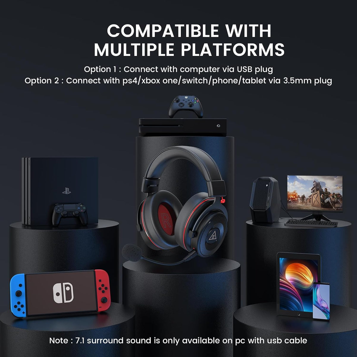 EKSA E900 Pro USB Gaming Headset for PC, 7.1 Surround Sound, 50MM Driver