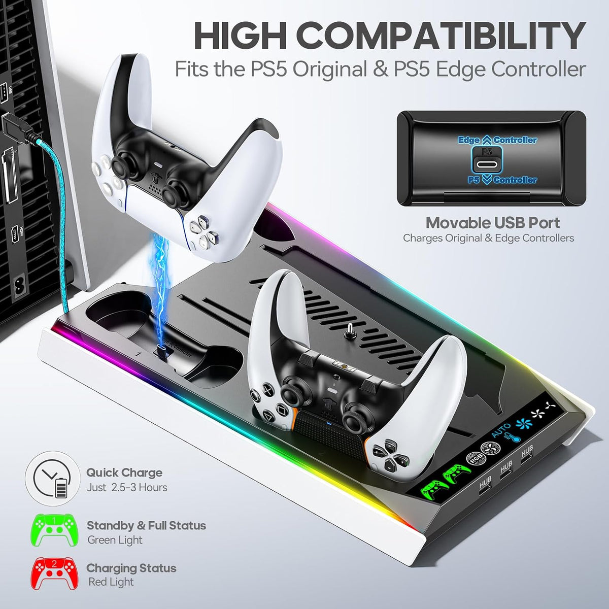 PS5/Slim/Pro Stand for Disc & Digital Console, PS5 Cooling & Charging Station with RGB Lights, PS5 Controller Charger Built-in 3 Level & AUTO Adjustable Fan, Accessories for PlayStation 4 Chargers