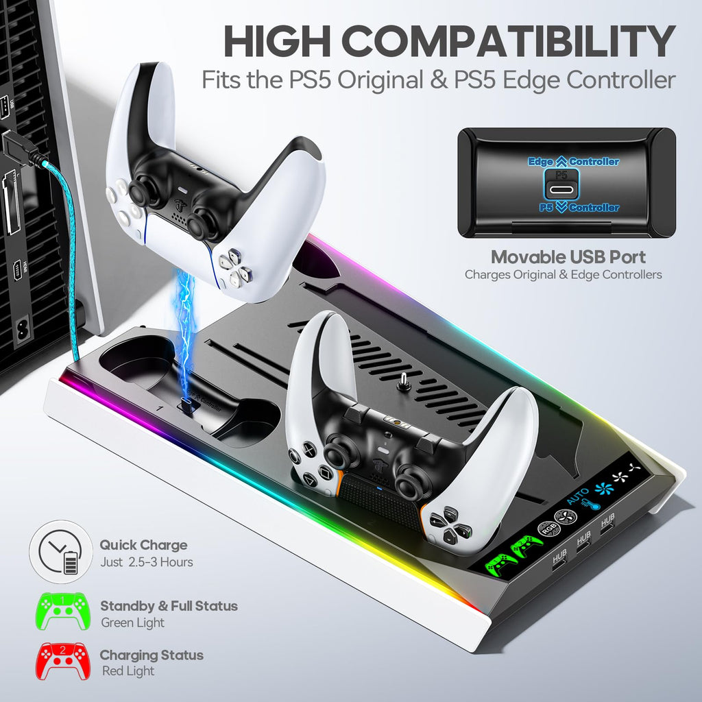 PS5/Slim/Pro Stand for Disc & Digital Console, PS5 Cooling & Charging Station with RGB Lights, PS5 Controller Charger Built-in 3 Level & AUTO Adjustable Fan, Accessories for PlayStation 4 Chargers