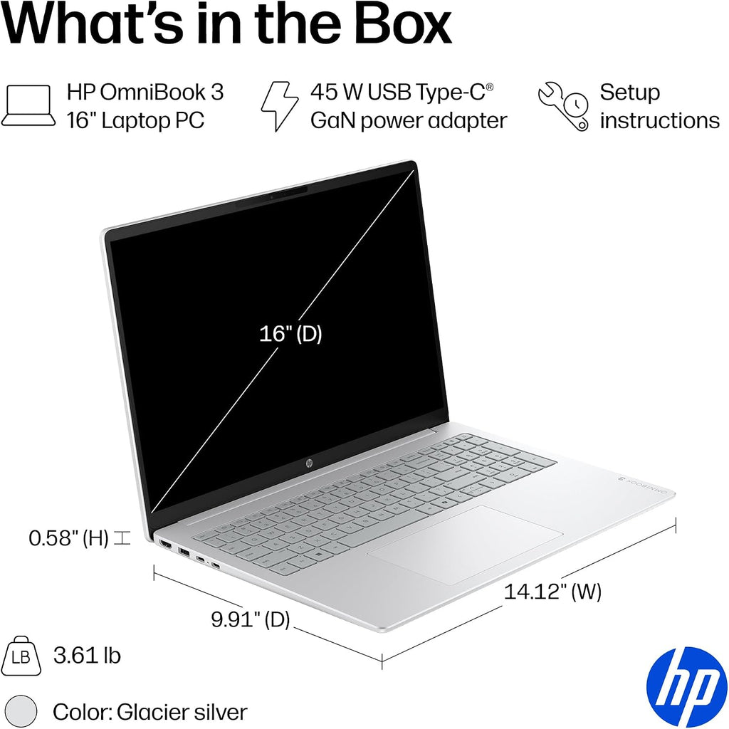HP OmniBook 3 16 inch Laptop PC, 2K Touchscreen, AMD Ryzen 5 40, 8 GB RAM, 512 GB SSD, AMD Radeon 610M GPU, Windows 11 Home, Glacier Silver, 16-by0499nr