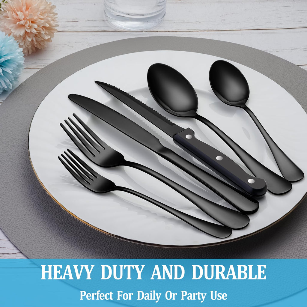 24 Pcs Silverware Set with Steak Knives for 4, Stainless Steel Flatware Set, Mirror Polished Cutlery Utensil Sets, Home Kitchen Eating Tableware, Dishwasher Safe
