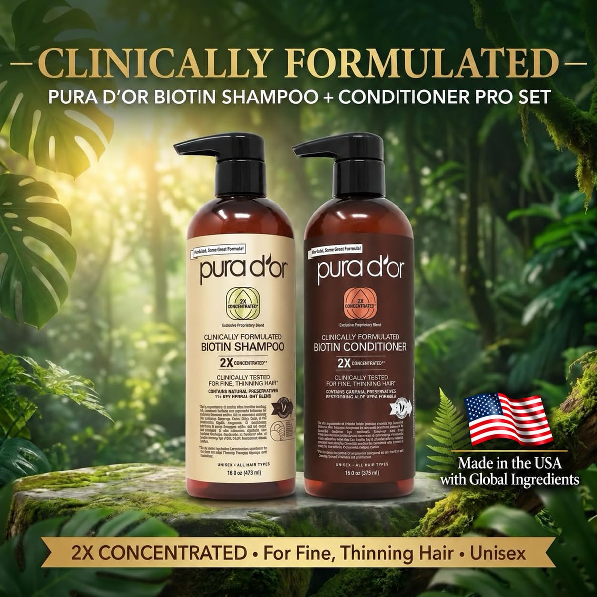 PURA D'OR Apple Cider Vinegar Shampoo & Conditioner Clarifying Set, 16oz x2