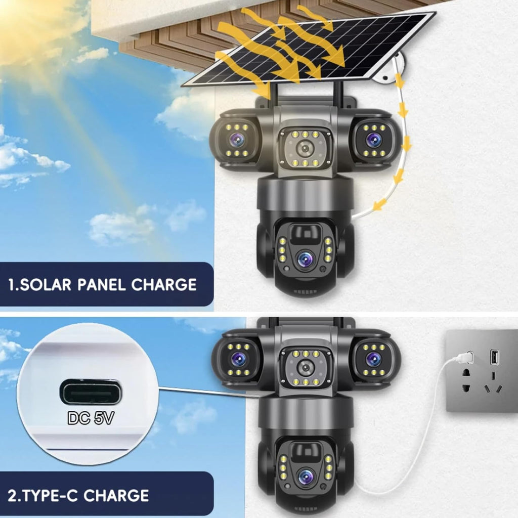 4G solar Security Camera, 12MP Full HD, 3 Lens, Outdoor PTZ, Solar Powered, Black(no Wi-Fi)