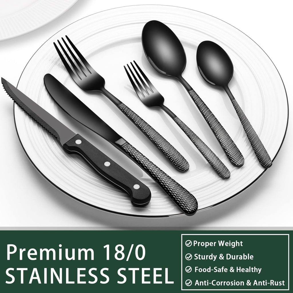 EWFEN 24-Piece Black Silverware Set with Steak Knives, Black Flatware Set for 4, Food-Grade Stainless Steel Tableware Cutlery Set, Mirror Finished Utensil Sets for Home Restaurant, Round Edge