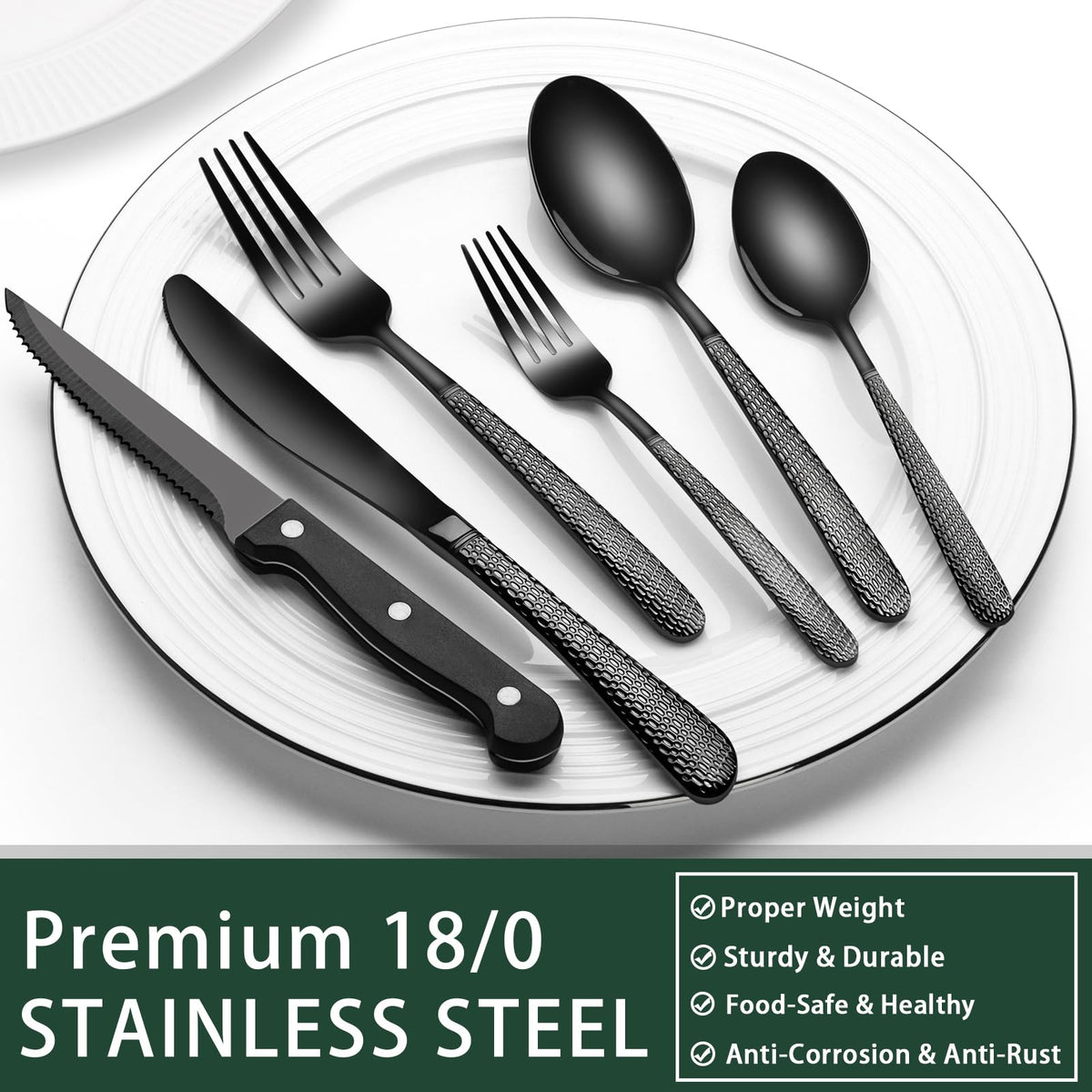 EWFEN 24-Piece Black Silverware Set with Steak Knives, Black Flatware Set for 4, Food-Grade Stainless Steel Tableware Cutlery Set, Mirror Finished Utensil Sets for Home Restaurant, Round Edge