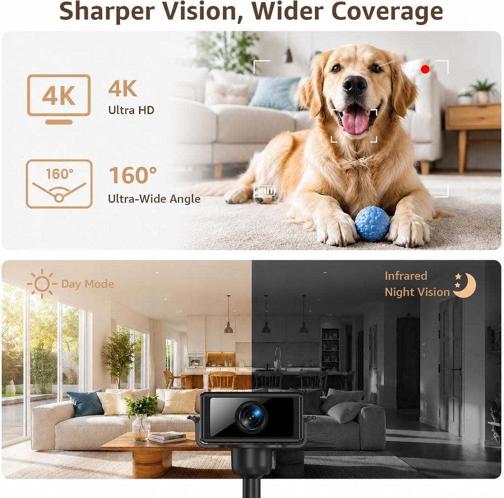 كاميرا مراقبة، كاميرا واي فاي صغيرة 4K مع تحكم في التطبيق، كاميرا منزلية لاسلكية صغيرة قابلة لاعادة الشحن، كشف بشري بالذكاء الاصطناعي، رؤية ليلية تلقائية، تخزين سحابي/SD للاطفال والحيوانات الاليفة