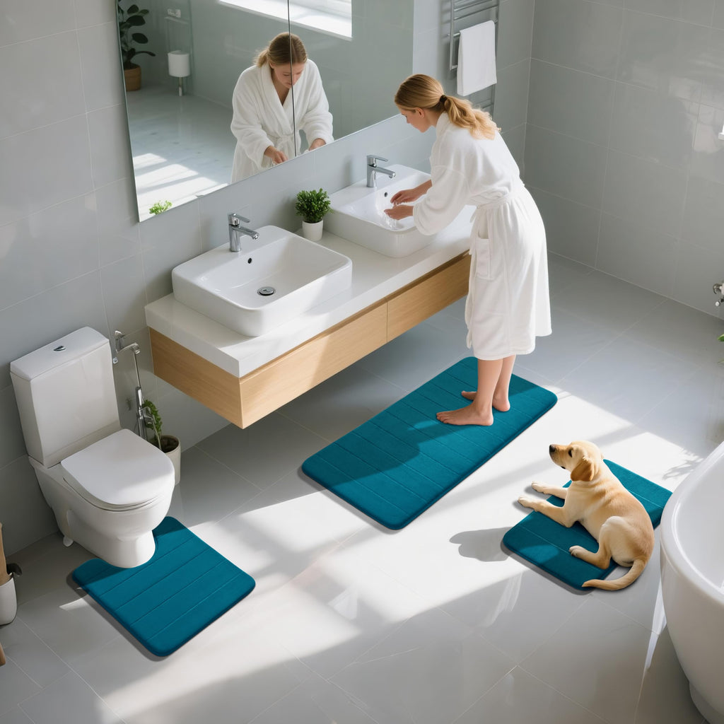 Yimobra Memory Foam Bath Mat Set 3 Pieces- Super Soft Absorbent Quick Dry Bathroom Rug Sets, Machine Washable Non Slip Floor Carpet for Tub Shower, Vanity & Toilet Base, Gray