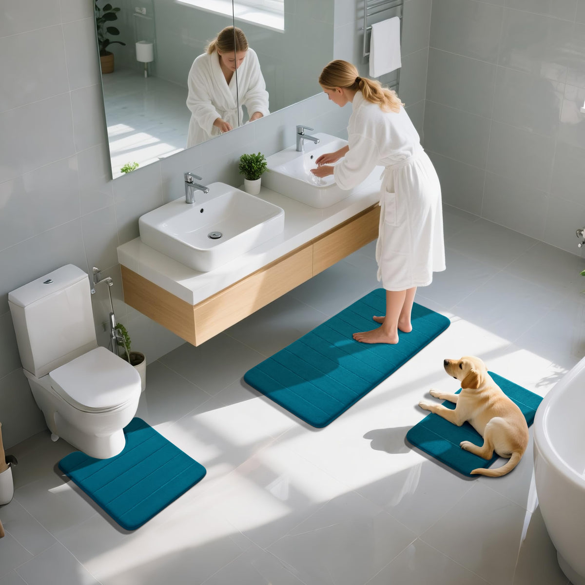 Yimobra Memory Foam Bath Mat Set 3 Pieces- Super Soft Absorbent Quick Dry Bathroom Rug Sets, Machine Washable Non Slip Floor Carpet for Tub Shower, Vanity & Toilet Base, Gray