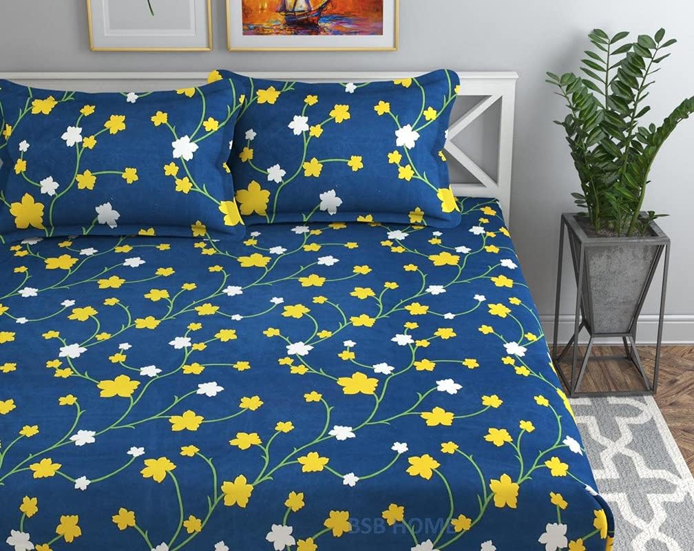 BSB HOME Premium Single Bedsheet with 1 Pillow Covers - 160 TC Supersoft Microfiber - Breathable & Wrinkle Free - 2 Pcs Set | Dark Blue and Yellow Leaf