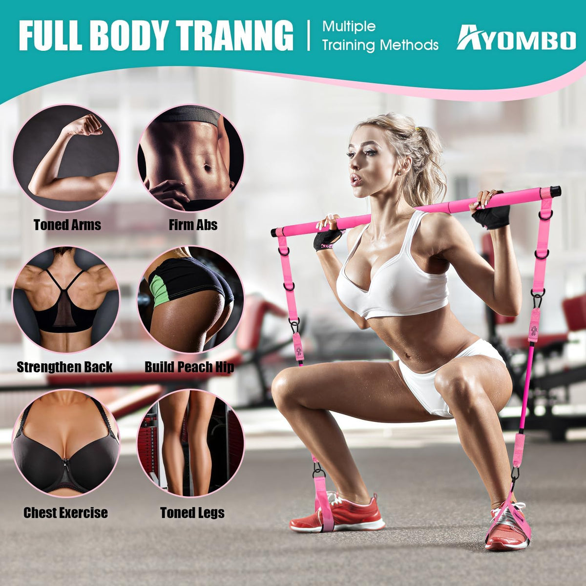 Pilates Bar Kit with Resistance Bands, Adjustable Pink Workout Set