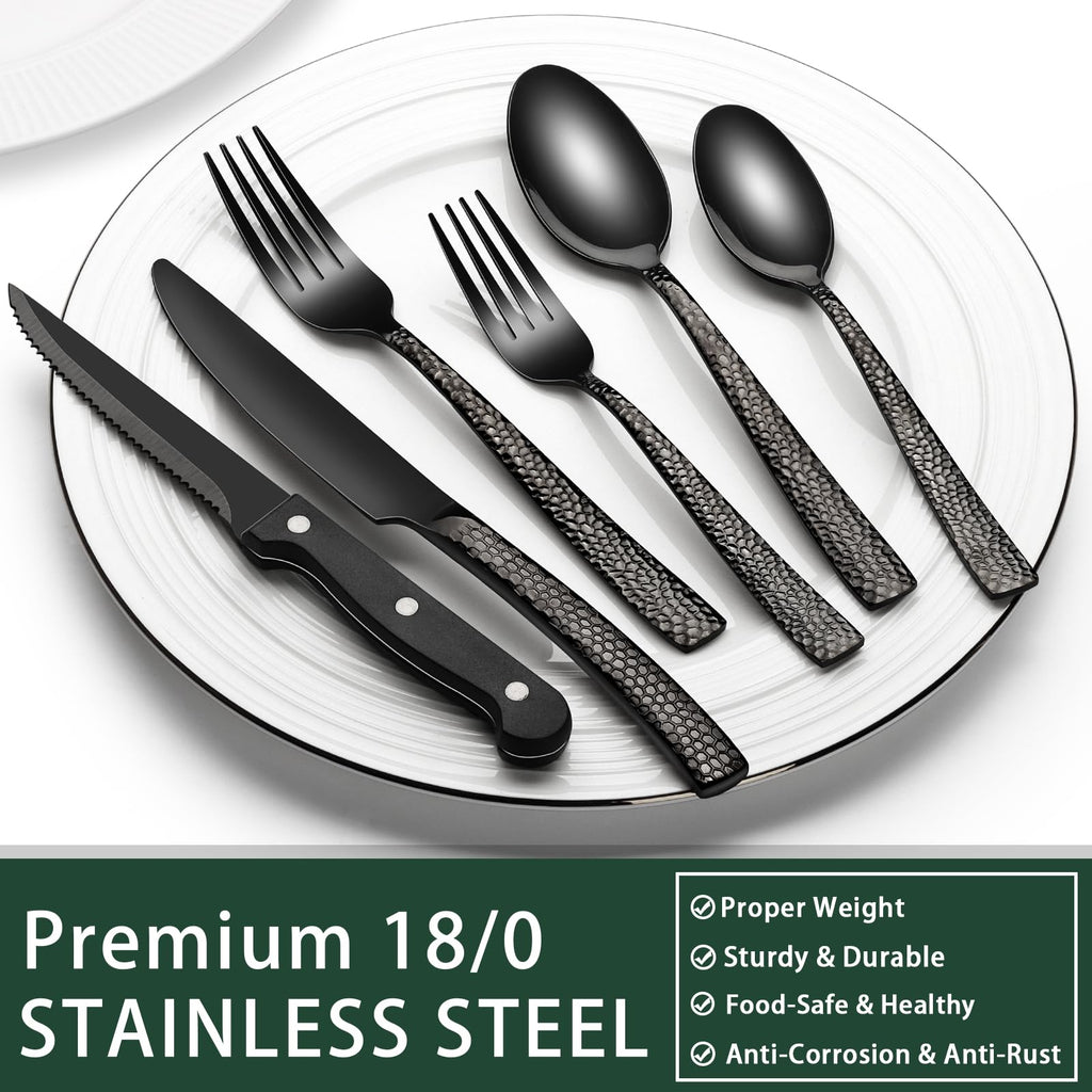 EWFEN 24-Piece Black Silverware Set with Steak Knives, Black Flatware Set for 4, Food-Grade Stainless Steel Tableware Cutlery Set, Mirror Finished Utensil Sets for Home Restaurant, Round Edge