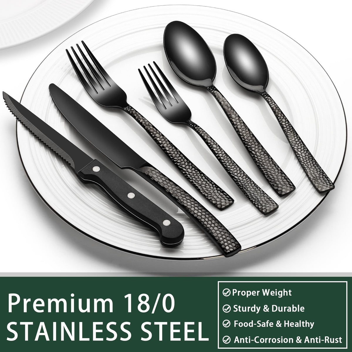 EWFEN 24-Piece Black Silverware Set with Steak Knives, Black Flatware Set for 4, Food-Grade Stainless Steel Tableware Cutlery Set, Mirror Finished Utensil Sets for Home Restaurant, Round Edge
